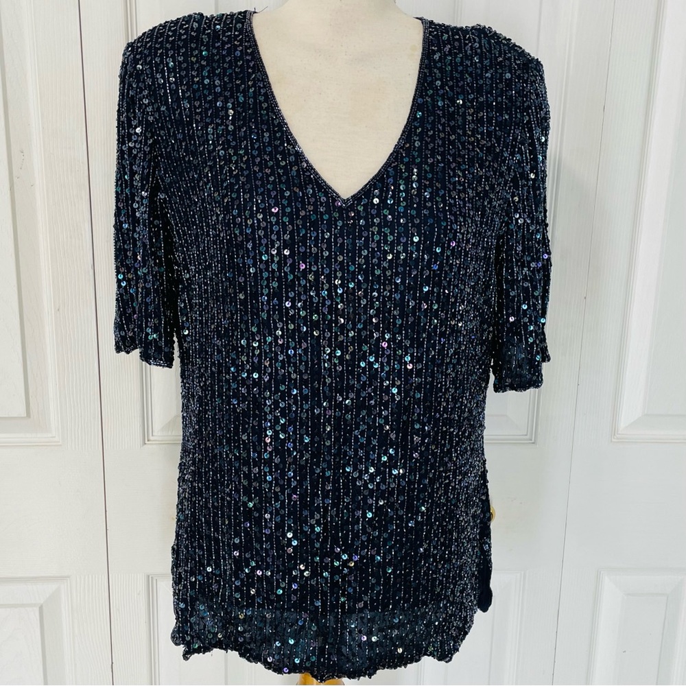 Vintage Frank Usher Beaded Short Sleeve 100% Silk Blouse